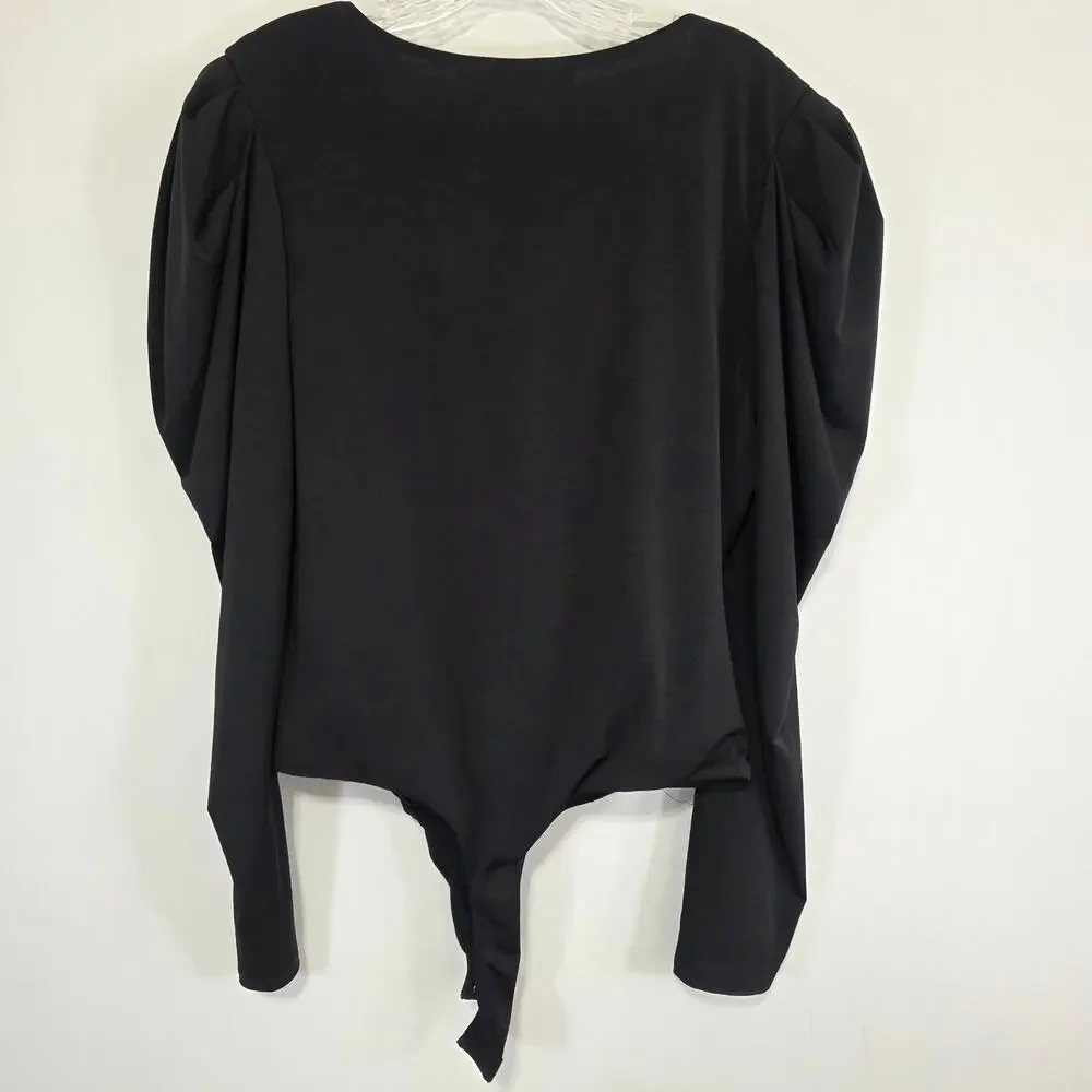 ASTR The Label Womens Black V Neck Puff Sleeve Bodysuit Size XL